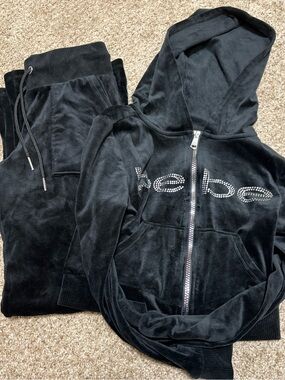 bebe Black Velour Rhinestone Logo Zip-Up Hoodie Set